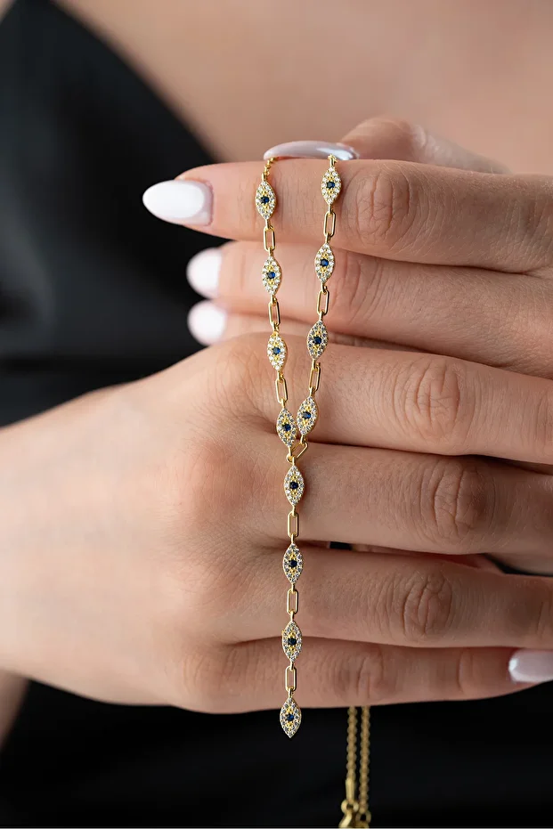 Gümüş Taşlı Y Zincir Göz Kolye