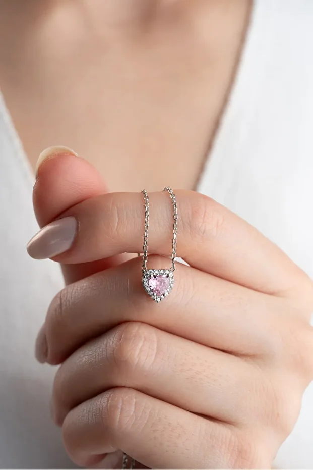 Gümüş Zirkon Taşlı Pembe Kalp Kolye