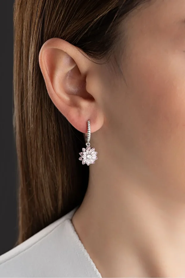 Gümüş Pembe Lotus Çiçeği Küpe