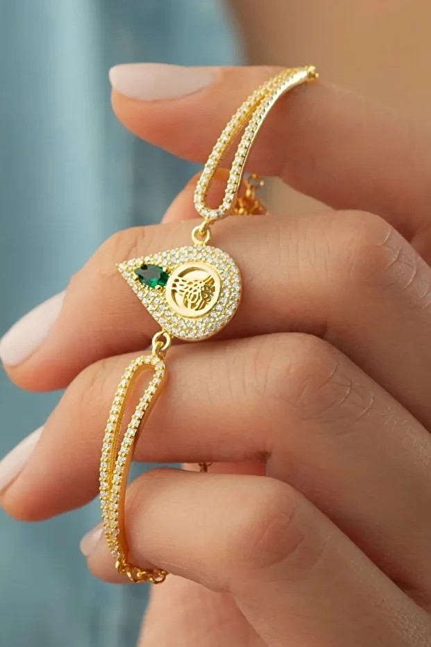 Tuğralı Yeşil Taşlı Gold Gümüş Bileklik
