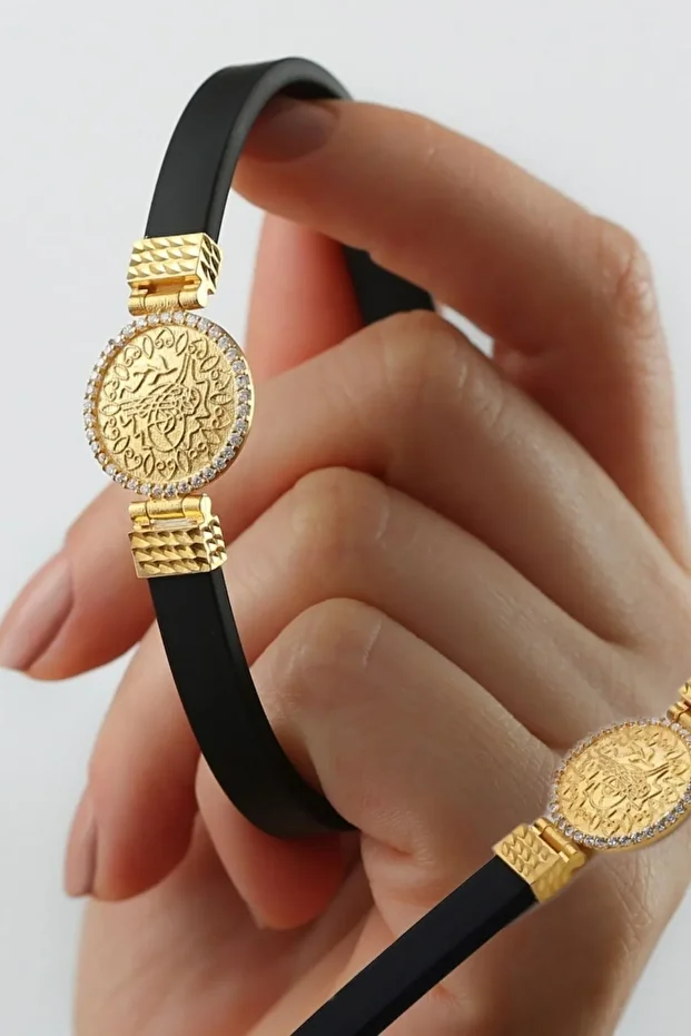 Gümüş Gold Tuğralı Kauçuk Bileklik
