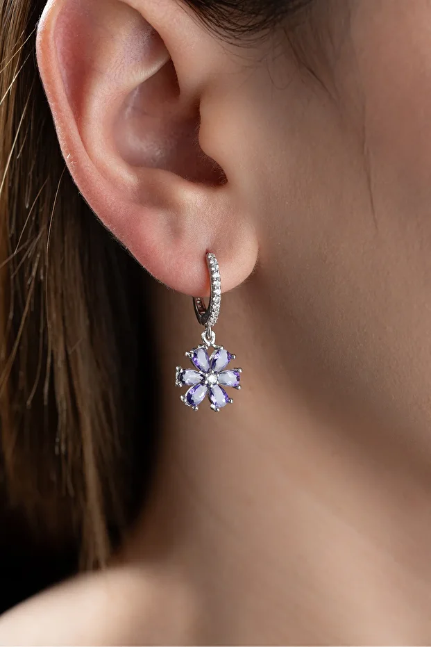 Gümüş Mor Lotus Çiçeği Küpe