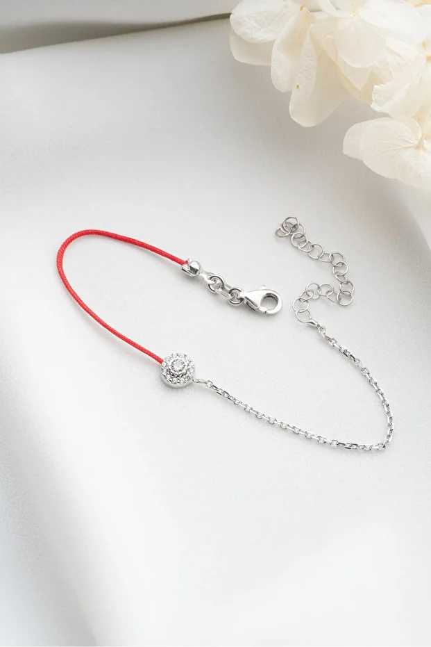 Gümüş Baget Taşlı Kırmızı İpli Bileklik