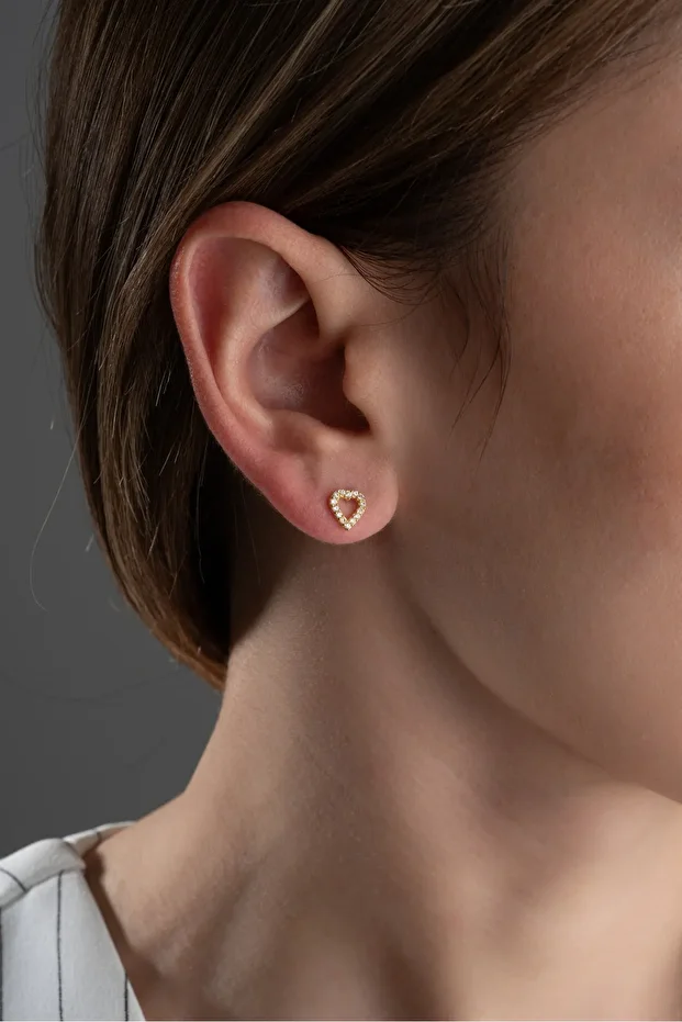 Gümüş Gold Zirkon Taşlı Kalp Küpe