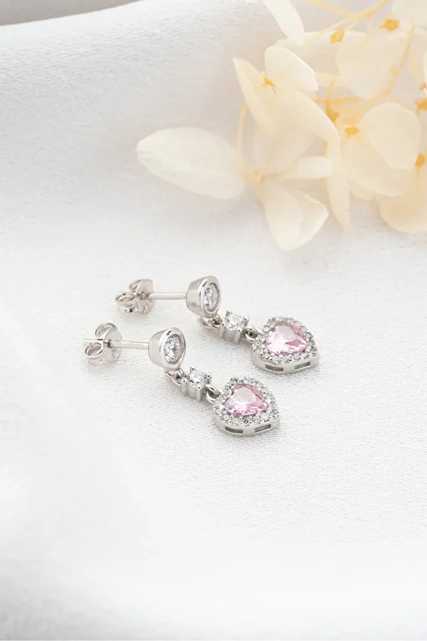 Gümüş Zirkon Taşlı Pembe Kalp Küpe