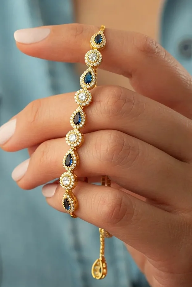 Gümüş Mavi Taşlı Asansörlü Bileklik