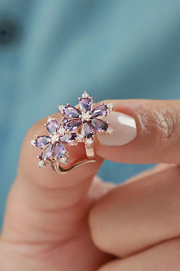 Gümüş Mor Lotus Çiçeği Küpe