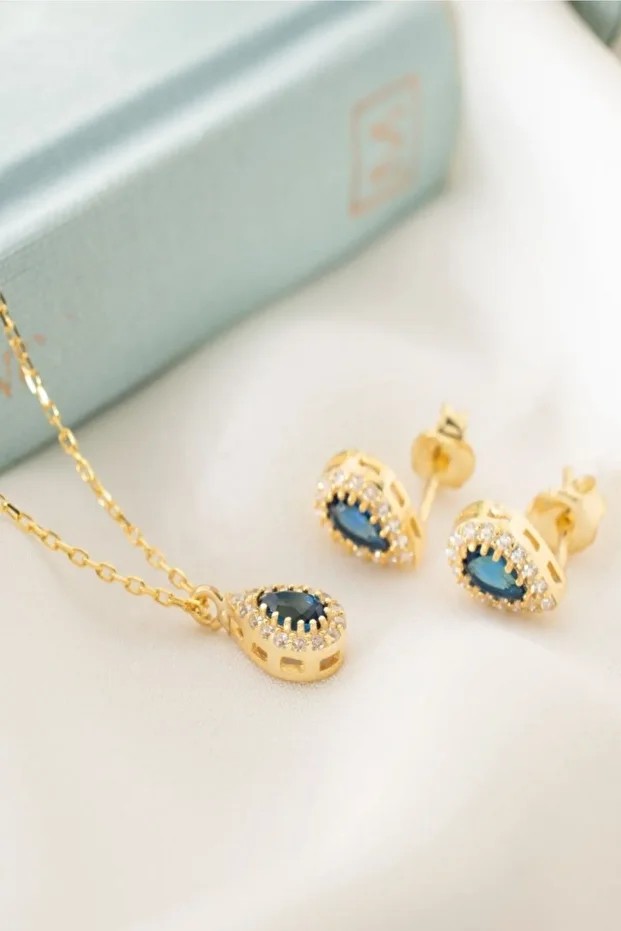 Gümüş Eylül Ayı Doğum Taşı ( Sapphire ) Kolye - Küpe Seti
