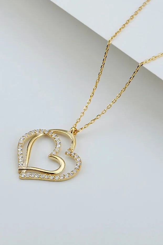 Gümüş Gold Çift Kalp Kolye