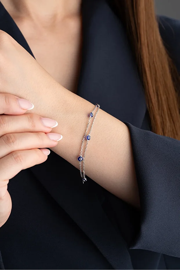 Gümüş Nazarlı Çift Zincir Bileklik