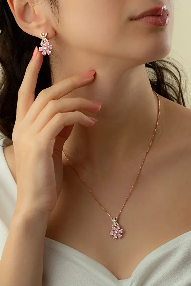 Gümüş Lotus Çiçeği Kolye-küpe Takı Seti