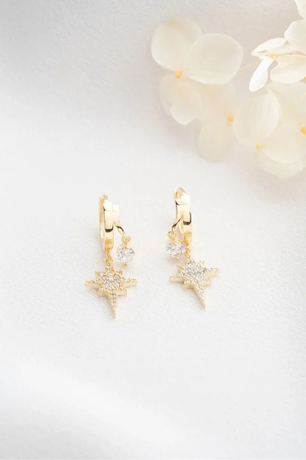 Gümüş Gold Çift Taşlı Kutup Yıldızı Küpe