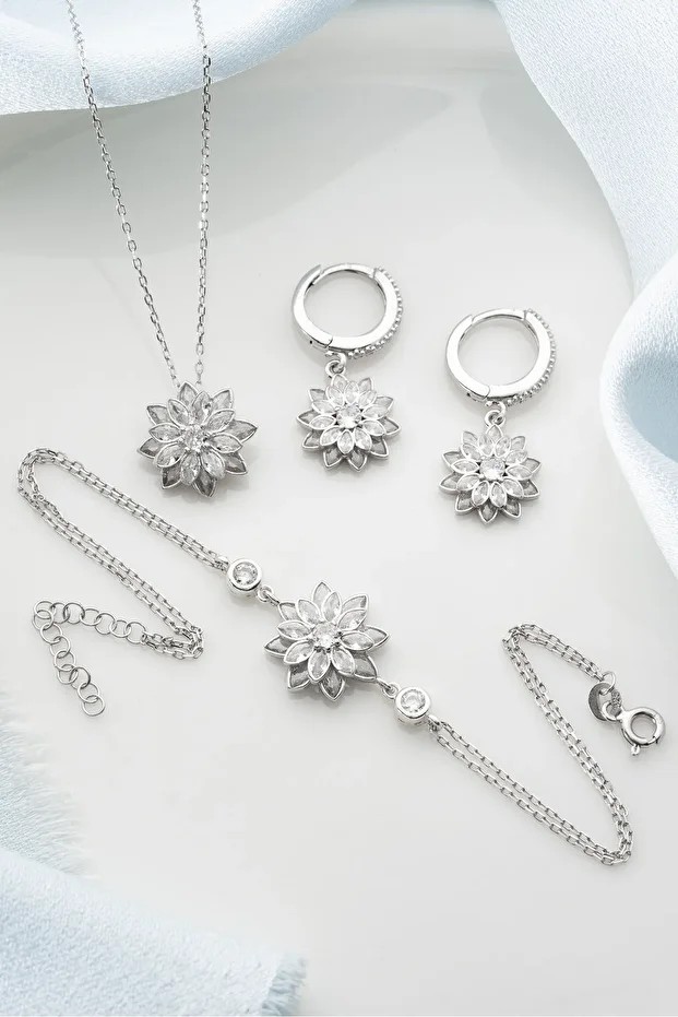 Gümüş Lotus Çiçeği Takı (Kolye-Küpe-Bileklik) Seti