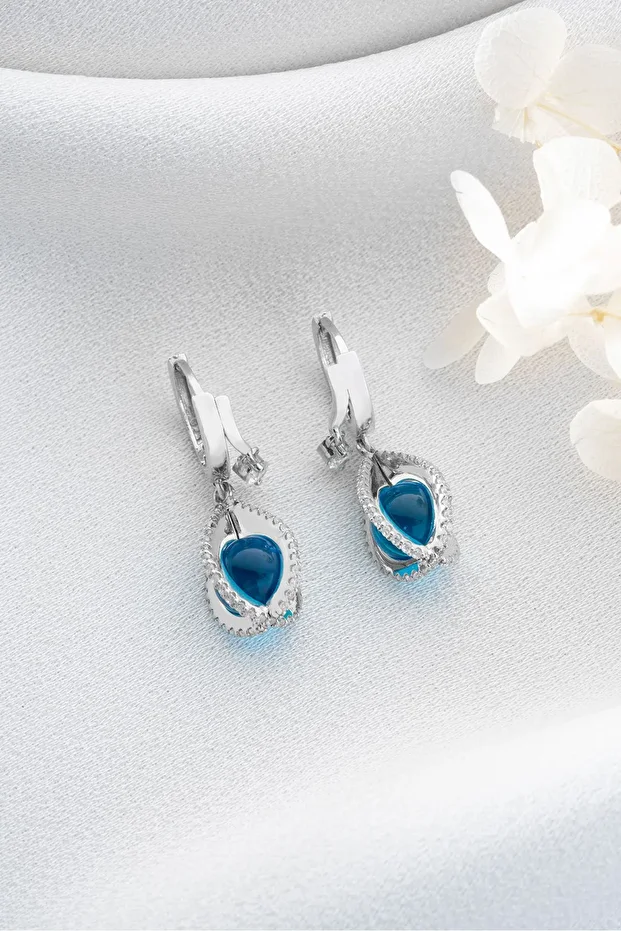 Gümüş Mavi Taşlı Damla Küpe