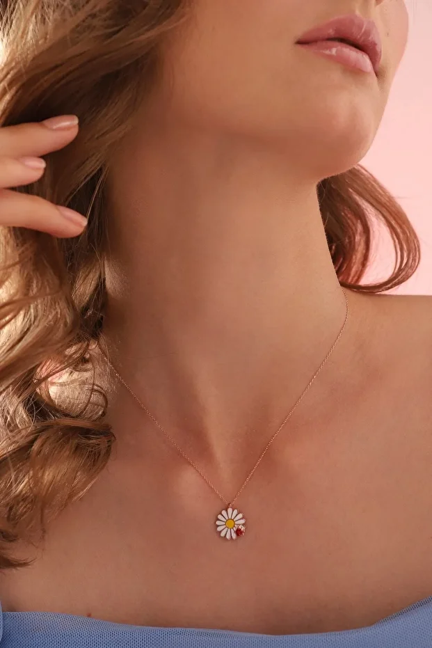 Gümüş Rose Uğur Böceği Papatya Kolye