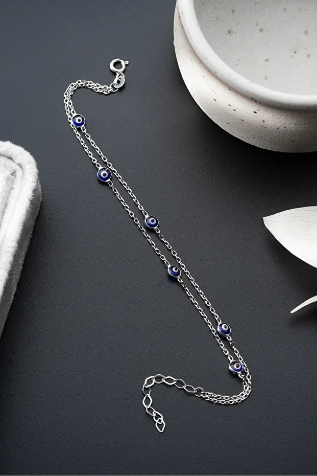 Gümüş Nazarlı Çift Zincir Bileklik