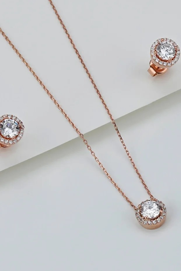Gümüş Pırlanta Model Kolye Küpe Seti ( Rose Gold )