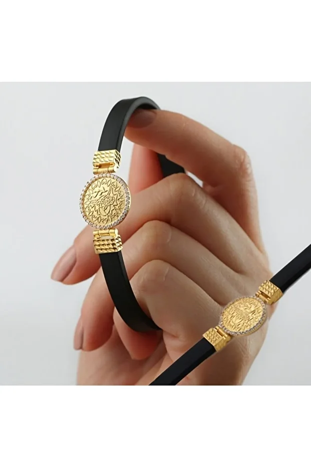 Gümüş Gold Tuğralı Kauçuk Bileklik