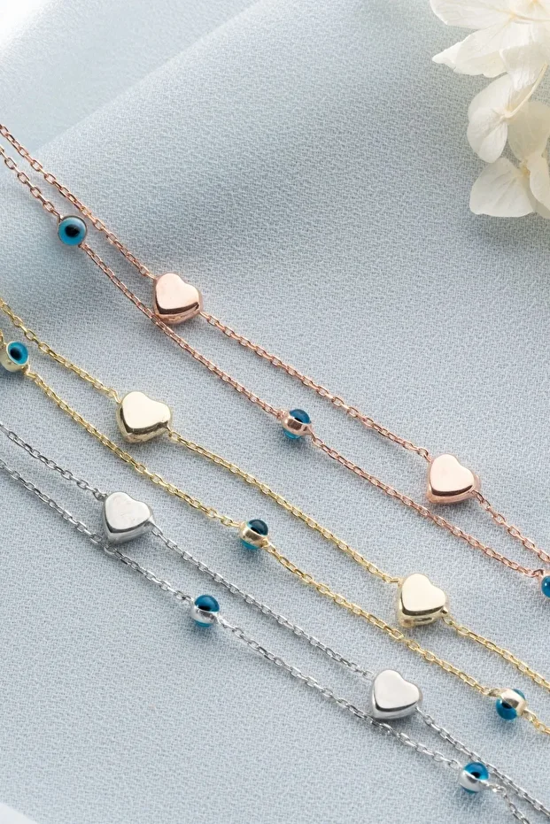 Gümüş Nazarlı Kalpli Çift Zincir Bileklik