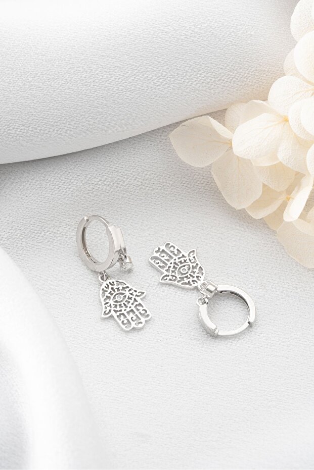 Gümüş Çift Taşlı Fatma Ana Eli Küpe