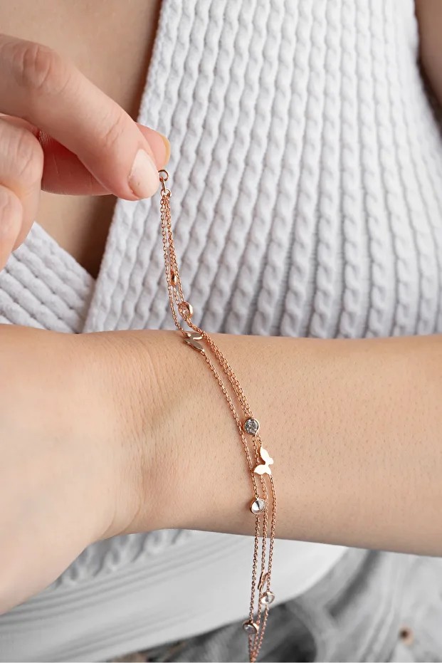 Gümüş Rose Kelebek Figürlü Trend Bileklik