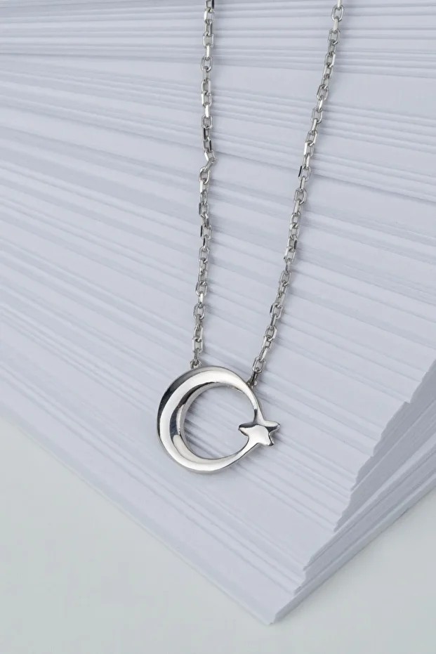 Gümüş Minimal Ay Yıldız Kolye