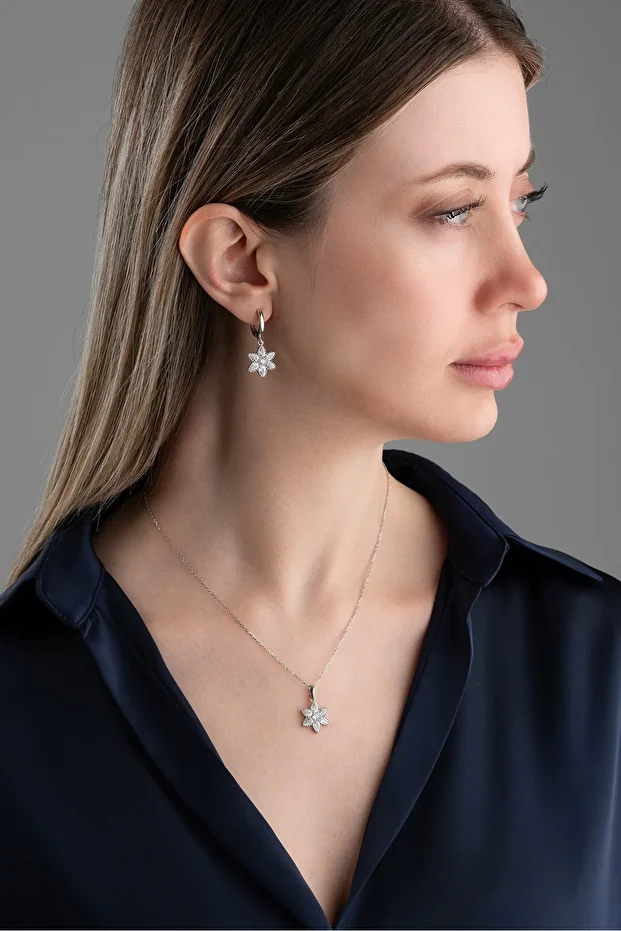 Gümüş Zirkon Taşlı Lotus (Kolye-Küpe) Set