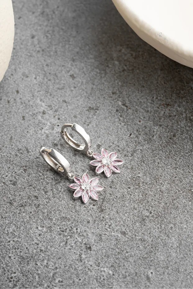 Gümüş Halkalı Pembe Taşlı Lotus Küpe