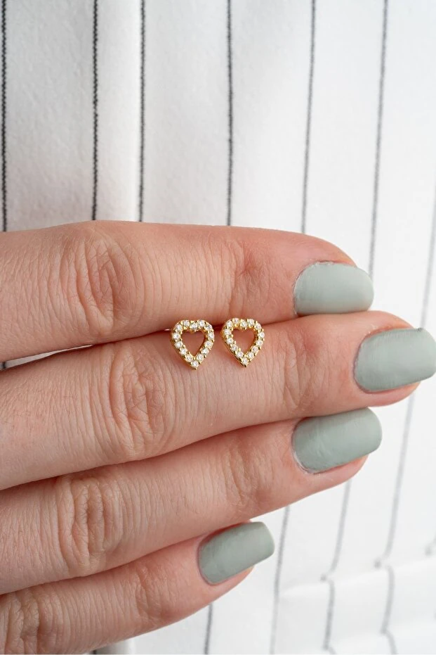 Gümüş Gold Zirkon Taşlı Kalp Küpe