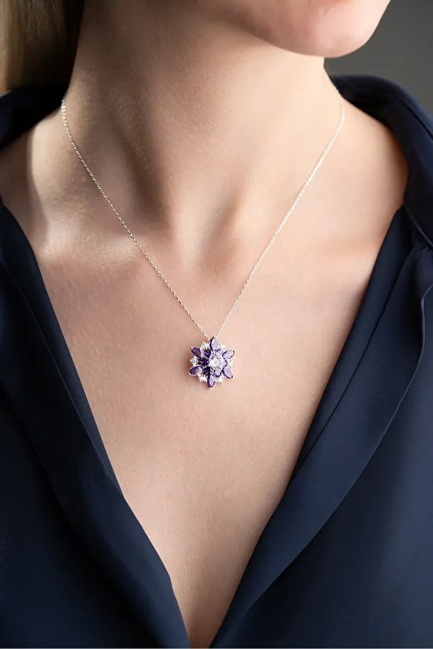 Gümüş Mor Oval Zirkon Taşlı Lotus