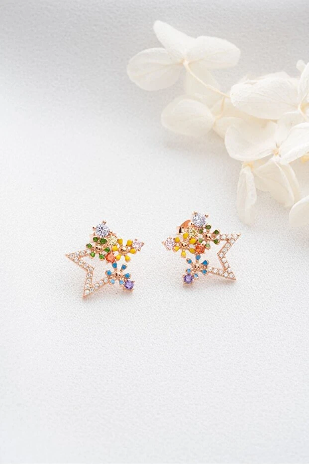 Gümüş Çiçekli Yıldız Küpe