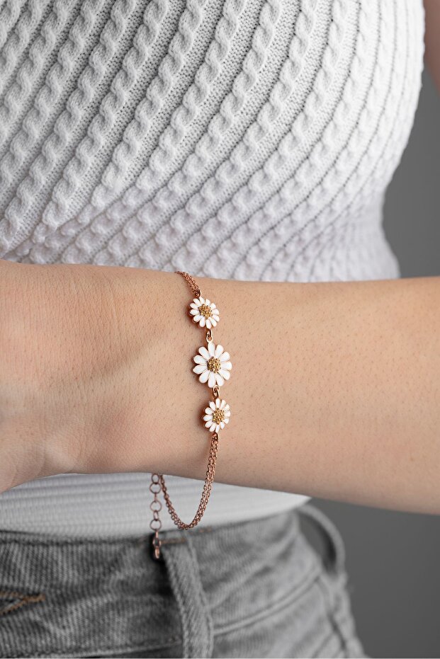Üçlü Papatya Model Rose Gümüş Bileklik