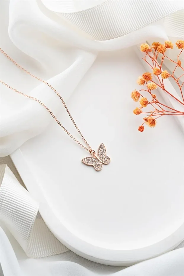 Rose Kelebek Gümüş Kolye