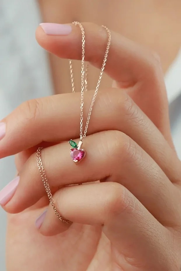 Pembe Elma Rose Gümüş Kolye