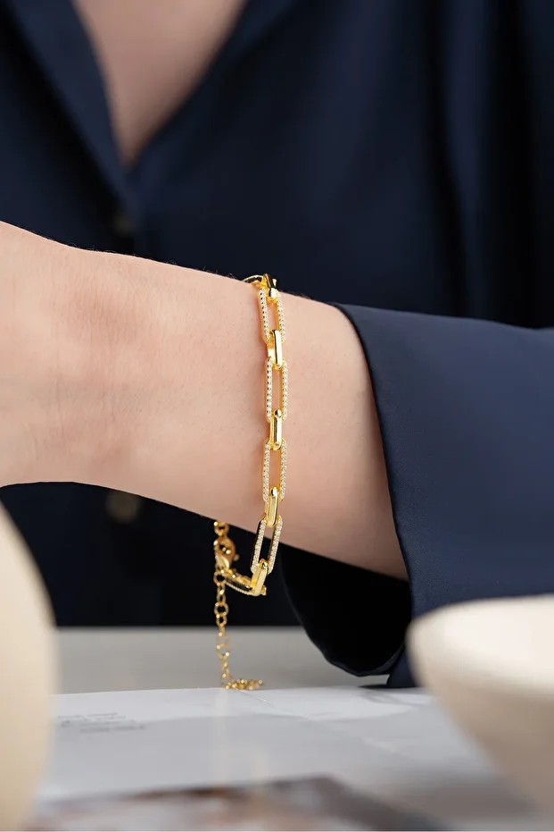 Gümüş Gold Zirkon Taşlı Zincir Bileklik