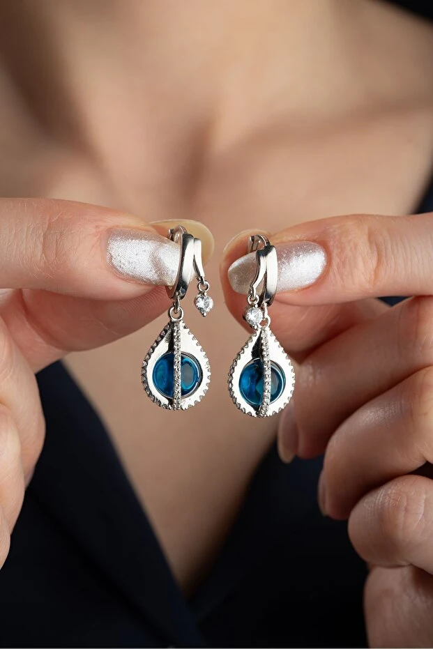 Gümüş Mavi Taşlı Damla Küpe