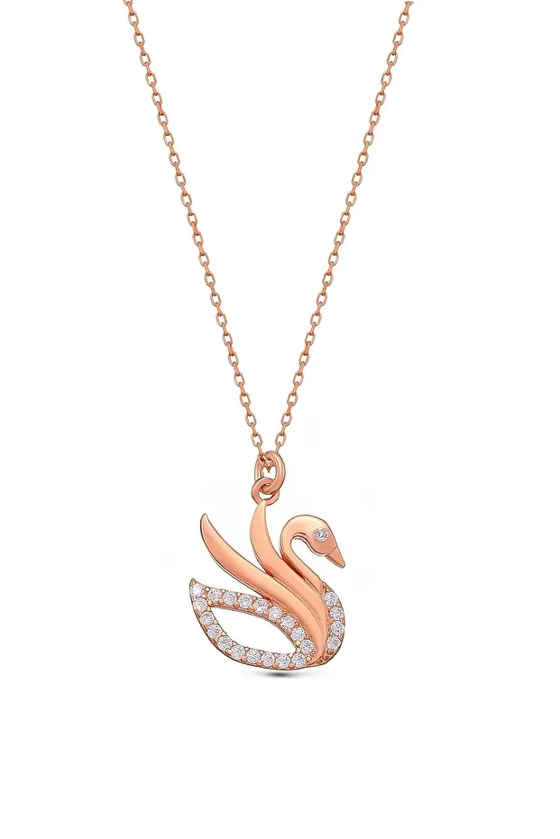 Zirkon Taşlı Kuğu Gümüş Kolye