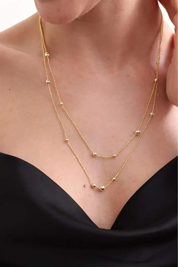 Gold 2 Sıra Dorika Toplu Gümüş Kolye