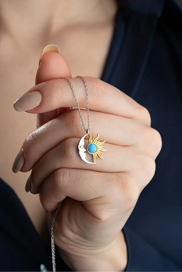 Gümüş Opal Taşlı Ay ve Güneş Kolye