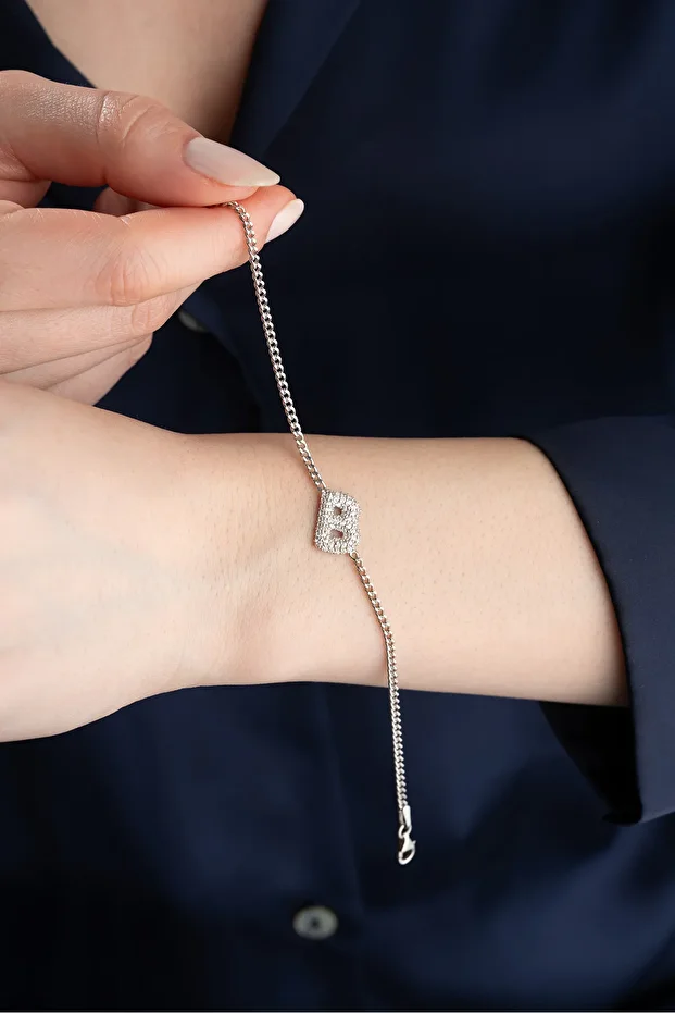 Gümüş Zirkon Taşlı Harf Bileklik