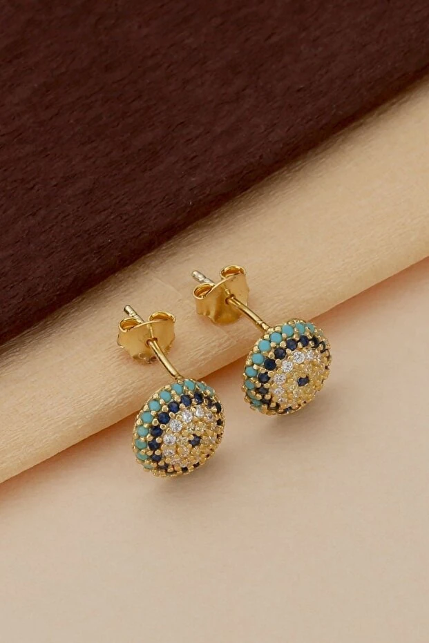 Gümüş Gold Çivili Nazarlı Göz Küpe