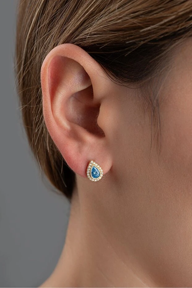 Gümüş Mavi Zirkon Taşlı Damla Küpe