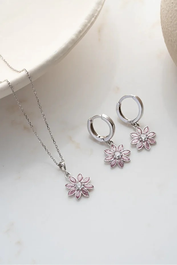 Gümü Pembe Taşlı Lotus Takı (Kolye-Küpe) Seti