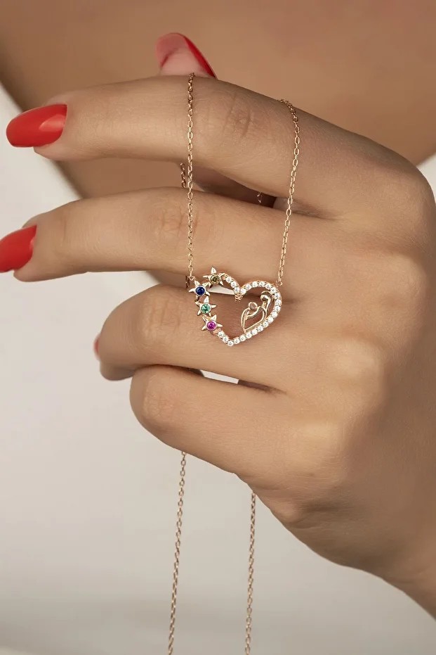 Gümüş Rose Yıldızlı Anne Bebek Kolye