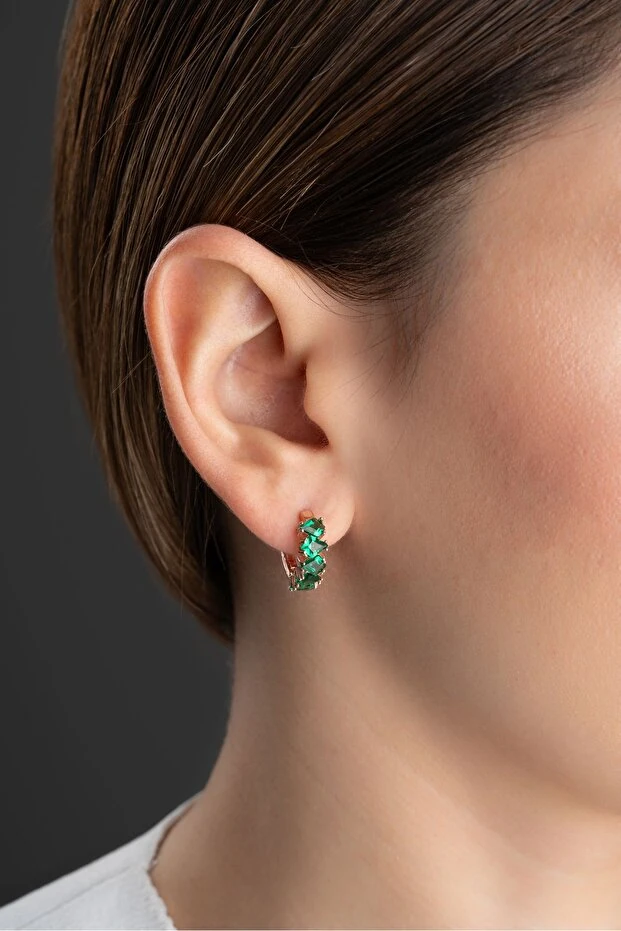 Gümüş Zümrüt Yeşili Baget Taşlı Halka Küpe