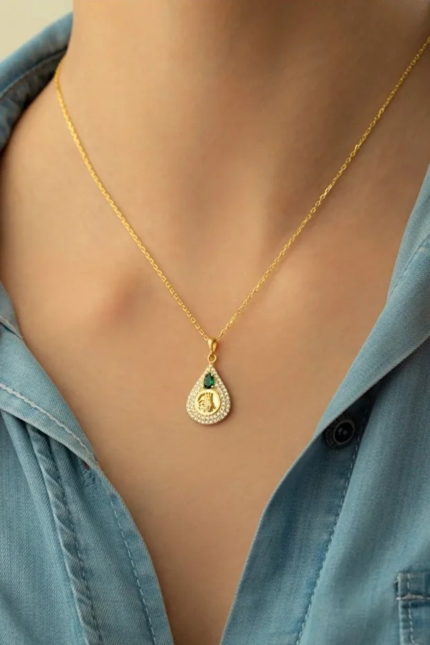 Gold Zirkon Taşlı Tuğralı Gümüş Kolye