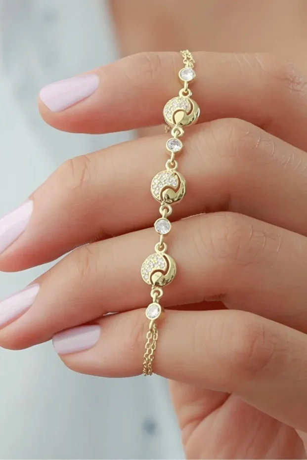 Gold Yuvarlak Zirkon Taşlı Gümüş Bileklik