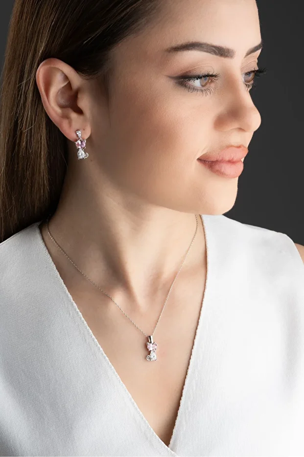 Gümüş Pembe Taşlı Kedi Kolye Küpe Seti