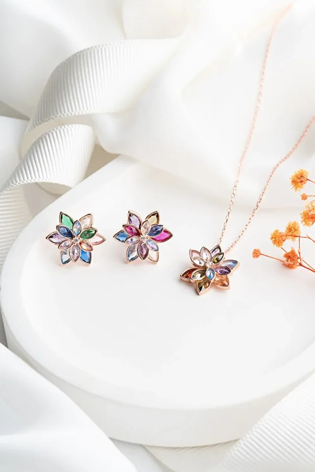 Lotus Çiçeği Gümüş Kolye Küpe Set