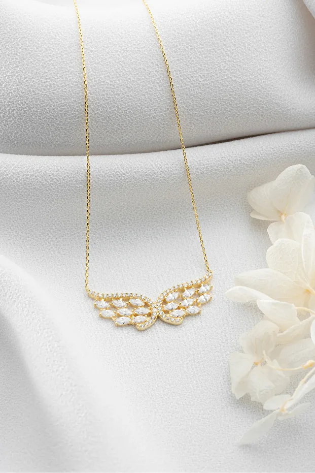 Gümüş Gold Baget Taşlı Kanat Kolye